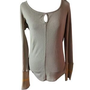 Free People Mod Cuff Striped Thermal L/S Top Shirt Fitted Brown Mustard Women L